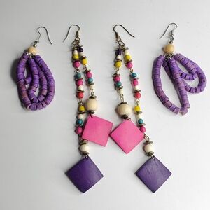 Vintage colorful wooden lightweight beaded earrings set of 2 pairs